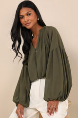 Season of Blooms Olive Green Balloon Sleeve Top