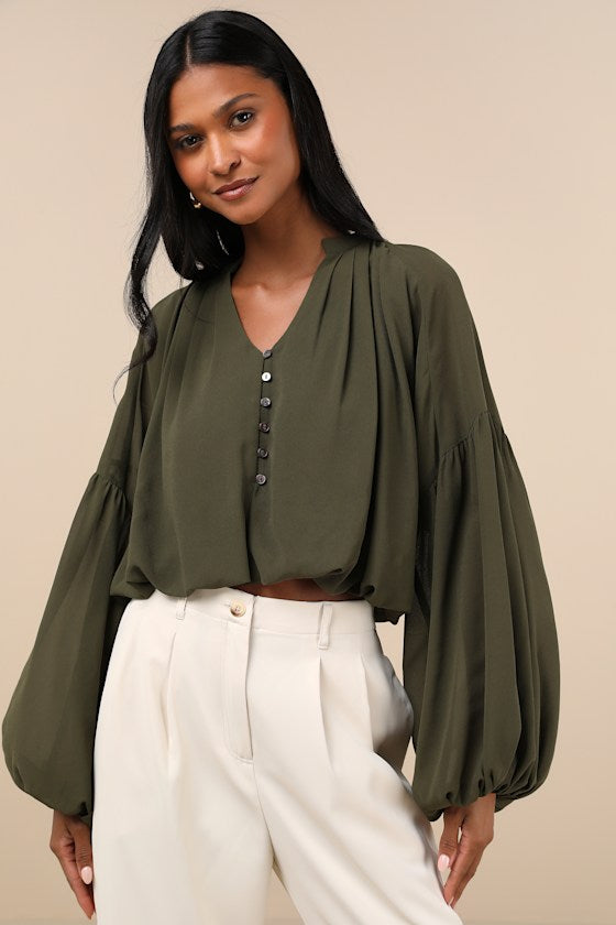 Season of Blooms Olive Green Balloon Sleeve Top