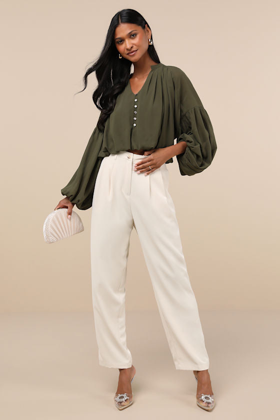 Season of Blooms Olive Green Balloon Sleeve Top