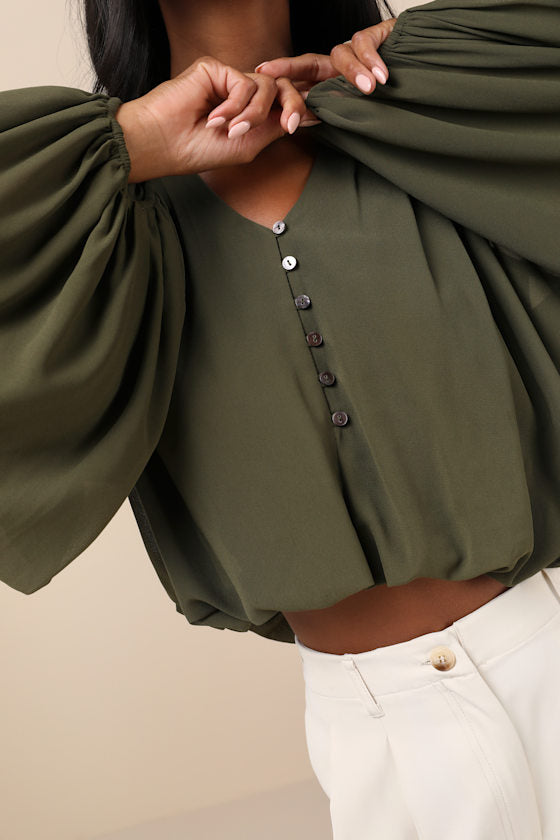 Season of Blooms Olive Green Balloon Sleeve Top