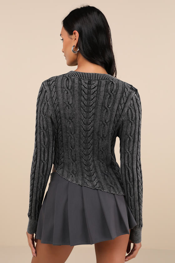 Edgy Forecast Charcoal Grey Cable Knit Asymmetrical Sweater