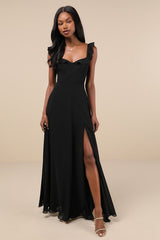 Dreamy Admiration Black Ruffled Maxi Dress