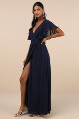 Convincing Grace Navy Blue Flutter Sleeve Wrap Maxi Dress