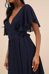Convincing Grace Navy Blue Flutter Sleeve Wrap Maxi Dress