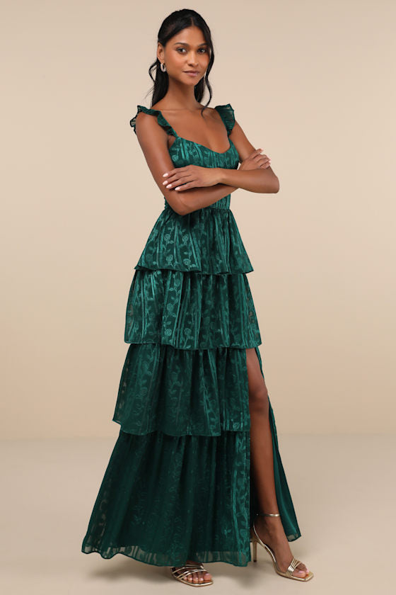 Stunning Glory Hunter Green Floral Jacquard Tiered Maxi Dress