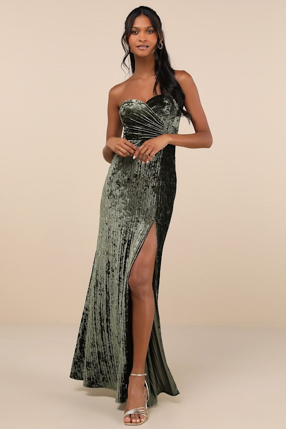 Classy Sensation Olive Velvet Pleated Strapless Maxi Dress