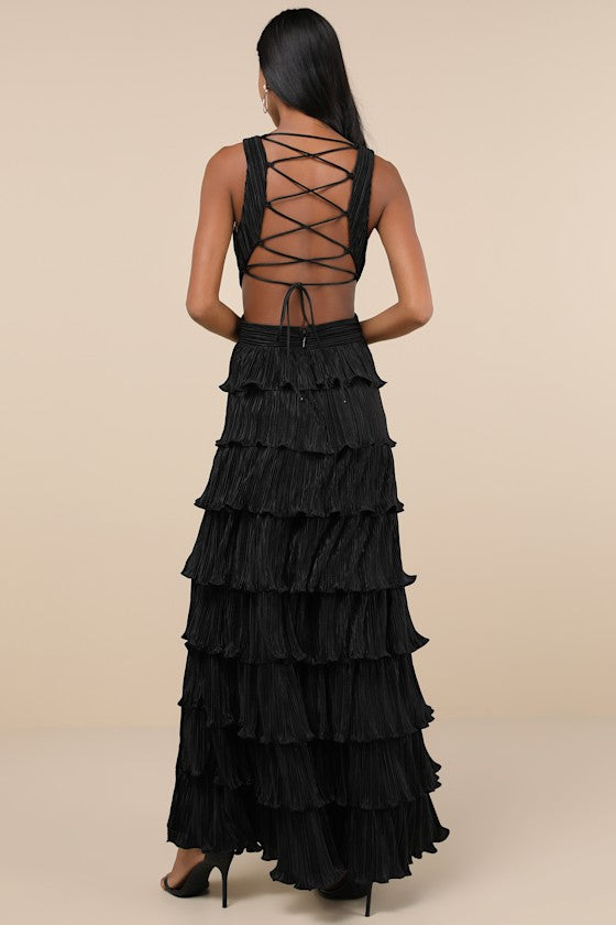 Beauty Icon Black Satin Pleated Tiered Lace-Up Maxi Dress
