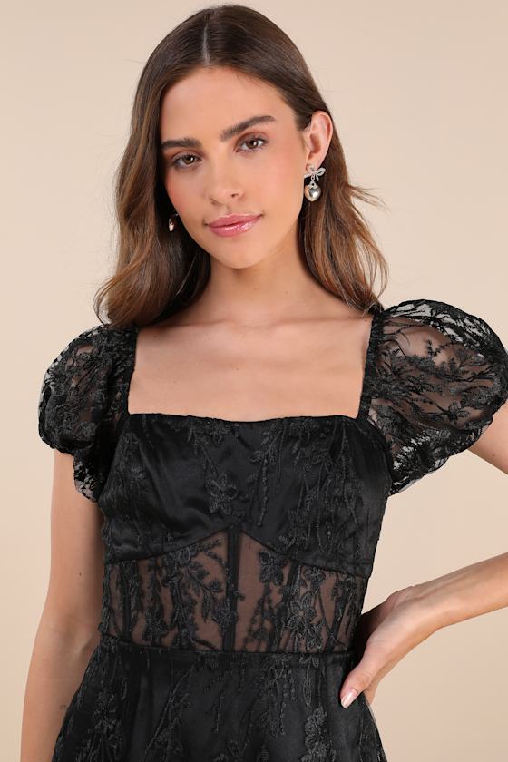 Seriously Cute Black Embroidered Mesh Puff Sleeve Mini Dress