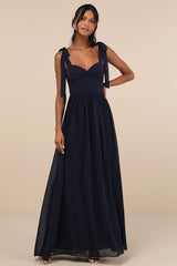 Radiant Charisma Navy Chiffon Ruched Tie-Strap Maxi Dress