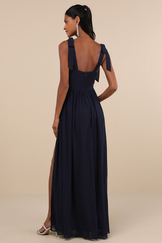 Radiant Charisma Navy Chiffon Ruched Tie-Strap Maxi Dress