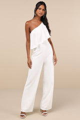 Flawless Vibes White One-Shoulder Tiered Wide-Leg Jumpsuit