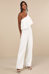 Flawless Vibes White One-Shoulder Tiered Wide-Leg Jumpsuit