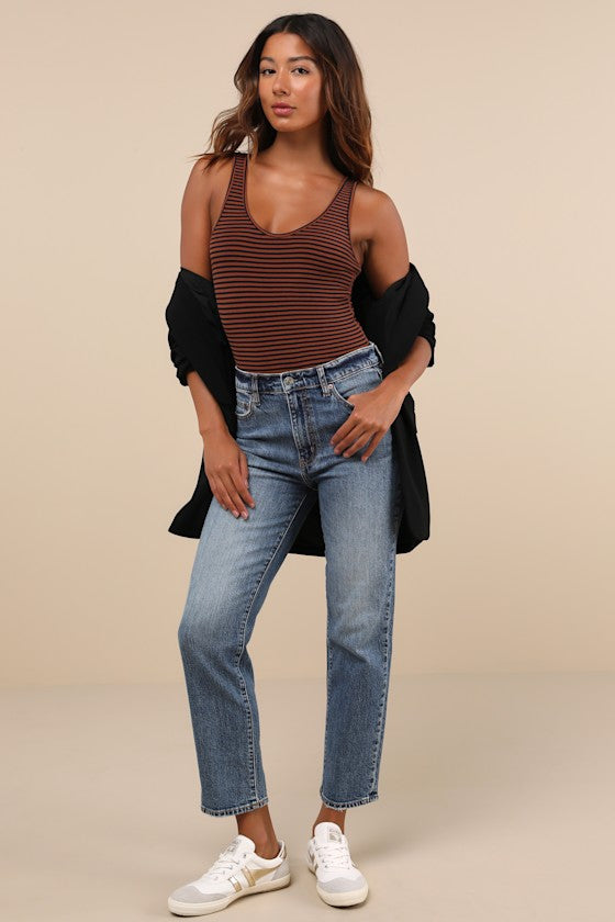 Keep It Classic Brown and Navy Striped V-Neck Bodysuit
