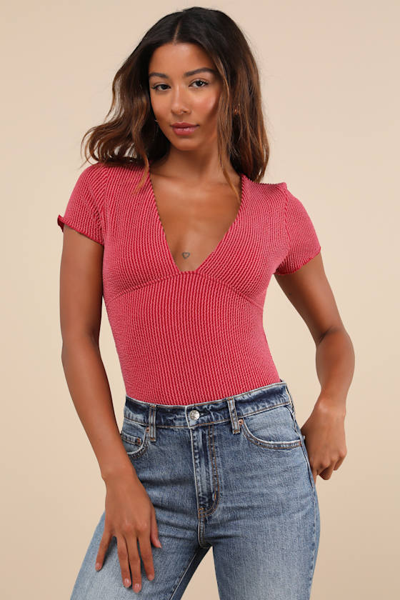 Stylish Appeal Berry Pink Textured Short Sleeve Top