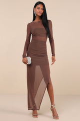 Alluring Silhouette Dark Brown Sheer Mesh Backless Maxi Dress