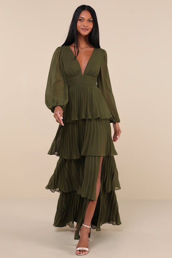 Graceful Finesse Olive Green Pleated Long Sleeve Maxi Dress