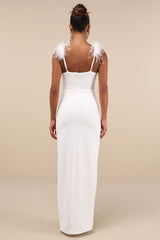 Dramatic Promise White Feather Strap Ruched Column Maxi Dress