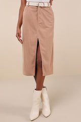 Refreshing Romance Tan Corduroy Midi Skirt