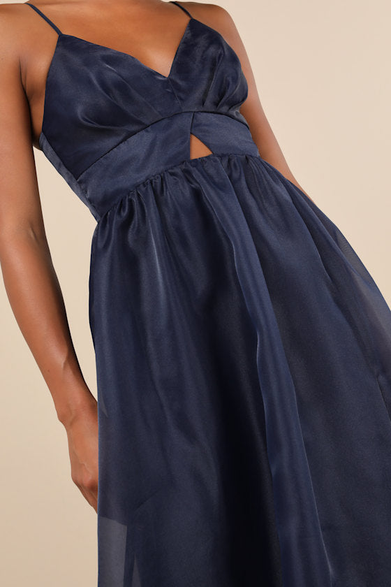 Authentic Glamour Navy Organza Sleeveless Cutout Maxi Dress