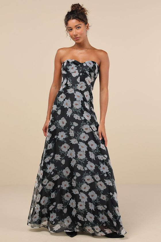 Chic Preciousness Black Floral Organza Bustier Maxi Dress