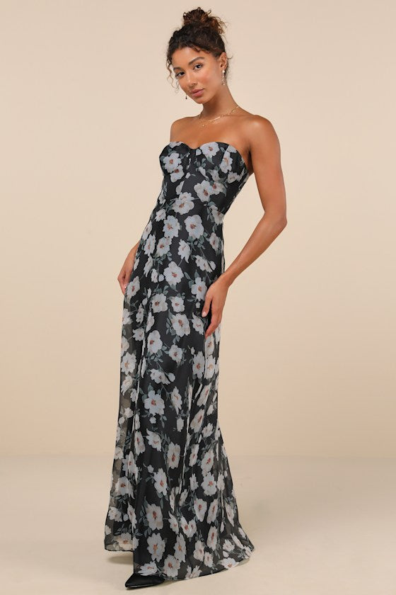 Chic Preciousness Black Floral Organza Bustier Maxi Dress