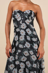 Chic Preciousness Black Floral Organza Bustier Maxi Dress