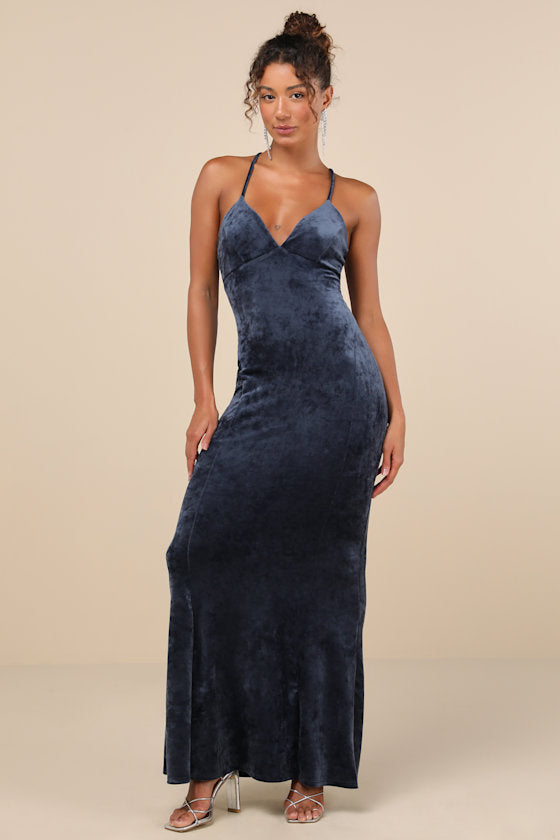 Immensely Luxe Navy Blue Velour Backless Mermaid Maxi Dress