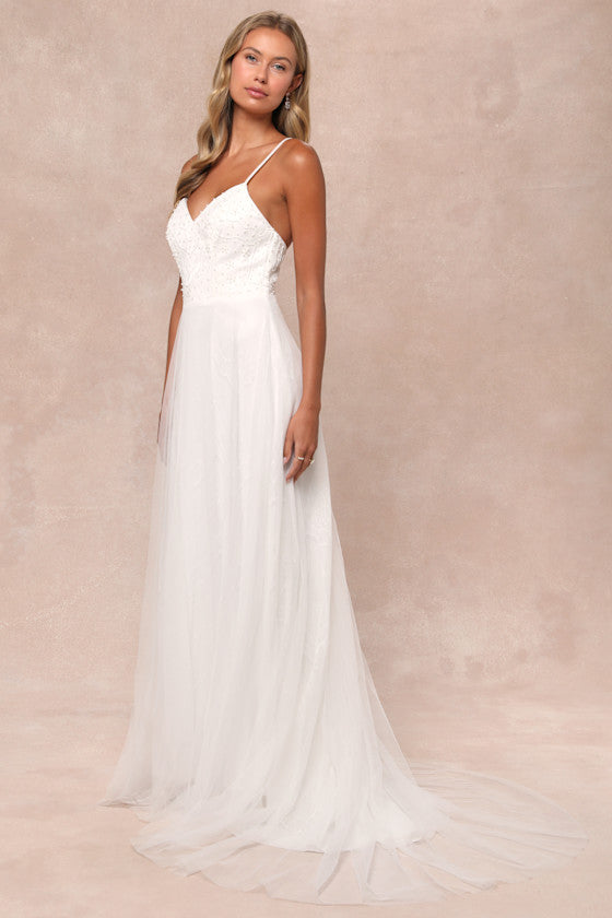 Love Perfection White Lace Tulle Pearl Beaded Maxi Dress