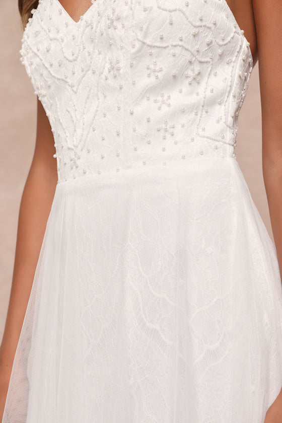 Love Perfection White Lace Tulle Pearl Beaded Maxi Dress