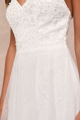 Love Perfection White Lace Tulle Pearl Beaded Maxi Dress