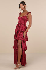 Stunning Glory Wine Red Floral Jacquard Tiered Maxi Dress