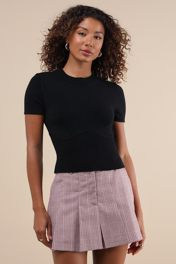 Everyone's a Winter Black Short Sleeve Seamed Sweater Top