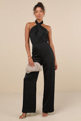 Beyond Classy Black Satin Halter Wide-Leg Jumpsuit