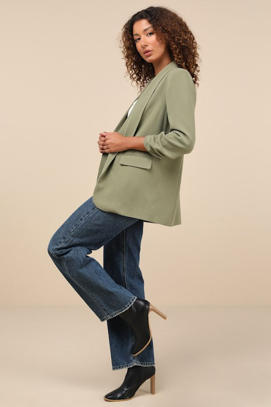 Superior Aesthetic Olive Three-Quarter Sleeve Ruched Blazer