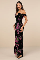 Enchanting You Black Burnout Velvet Off-the-Shoulder Maxi Dress