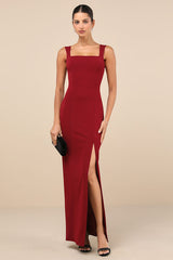 Inspiring Allure Wine Red Square Neck Column Maxi Dress