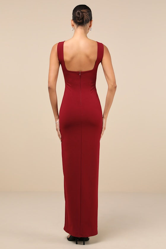 Inspiring Allure Wine Red Square Neck Column Maxi Dress