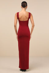 Inspiring Allure Wine Red Square Neck Column Maxi Dress