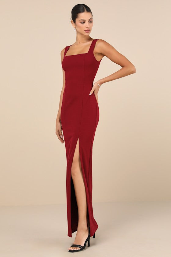 Inspiring Allure Wine Red Square Neck Column Maxi Dress