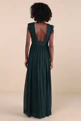Gorgeous Goal Emerald Pleated Backless Surplice Maxi Dress