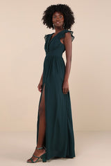 Gorgeous Goal Emerald Pleated Backless Surplice Maxi Dress