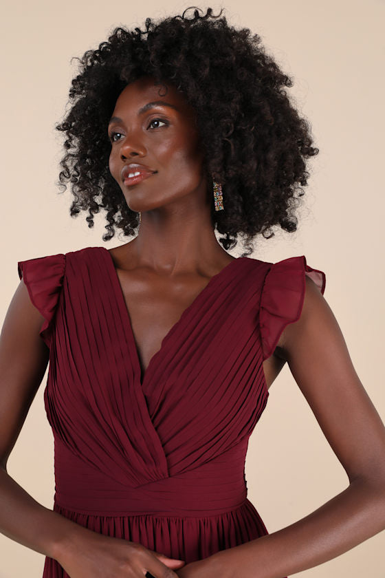 Gorgeous Goal Burgundy Pleated Backless Surplice Maxi Dress