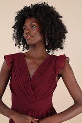 Gorgeous Goal Burgundy Pleated Backless Surplice Maxi Dress
