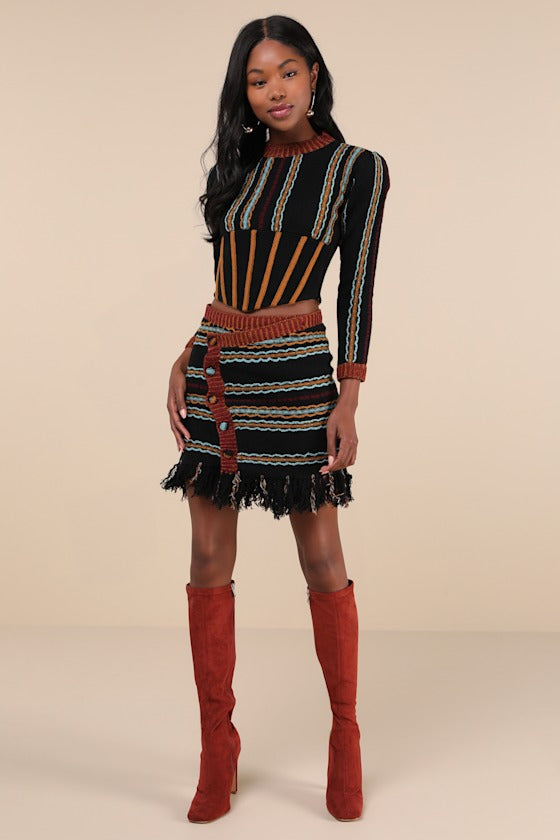 Shada Black Multi Striped Knit Wool-Blend Fringe Mini Skirt