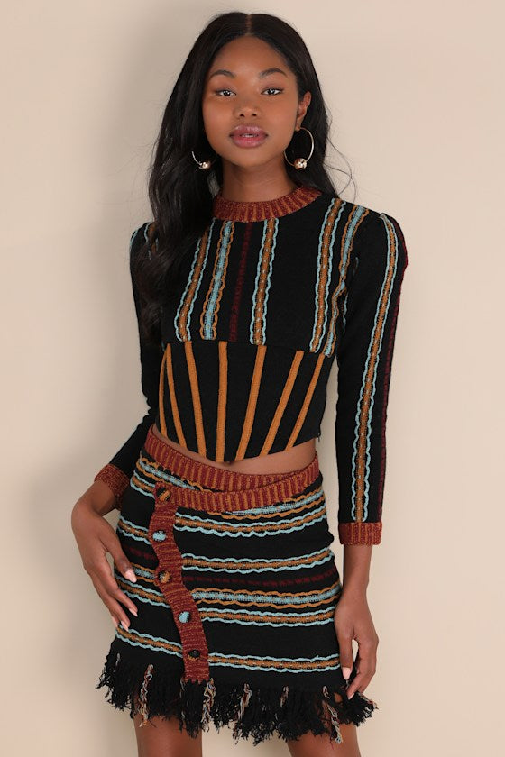 Shada Black Multi Striped Knit Wool-Blend Fringe Mini Skirt