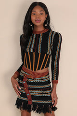 Shada Black Multi Striped Knit Wool-Blend Fringe Mini Skirt