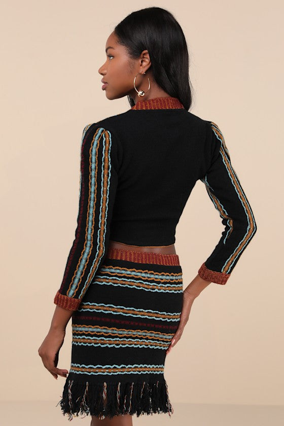 Shada Black Multi Striped Knit Wool-Blend Fringe Mini Skirt