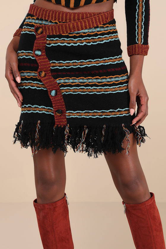 Shada Black Multi Striped Knit Wool-Blend Fringe Mini Skirt