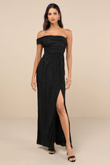 Poised Performance Black Plisse One-Shoulder Maxi Dress