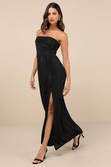 Poised Performance Black Plisse One-Shoulder Maxi Dress